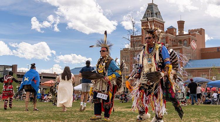 A Native American dance performance on the Tivoli Quad.